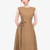 Đầm xòe tơ màu nâu tay chờm eo đính hoa